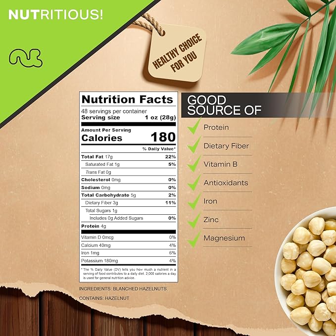 NUT CRAVINGS - Raw Blanched Hazelnuts Filberts - Unsalted, Shelled, (48oz - 3 LB) Bulk Nuts Packed Fresh in Resealable Bag - Kosher Healthy Snack, Food Assortments Ideal for Trail Mixed Nuts