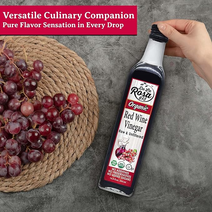 De La Rosa Red Wine Vinegar Organic, Raw & Unfiltered, Kosher for Passover, Vegan, Non-GMO & Gluten Free, Great for Salad Dressings, Marinades & More, Organic Red Wine Vinegar, 16.9 Oz (Pack of 2)