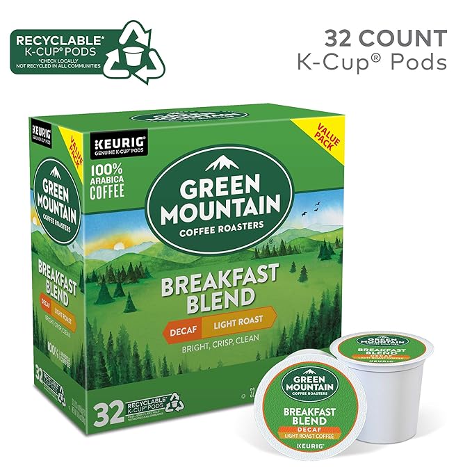 Green Mountain Coffee Roasters Decaf Breakfast Blend, Single-Serve Keurig K-Cup Pods, Light Roast Coffee, 32 Count (Pack of 4)