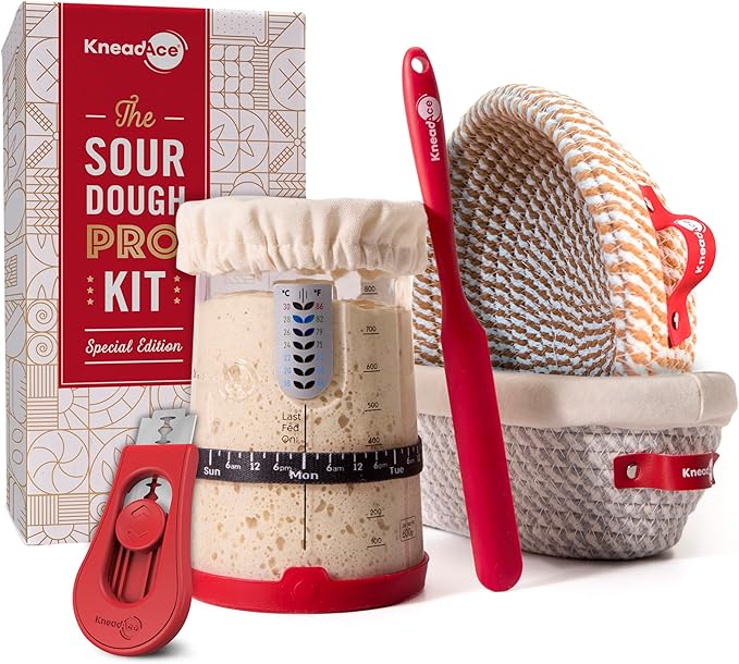 Sourdough Starter Kit ??34oz Starter Jar, 2 Cotton Rope Banneton Proofing Baskets, Magnetic Bread Lame for Scoring ??Gift for Bakers & Complete Sourdough Bread Baking Set