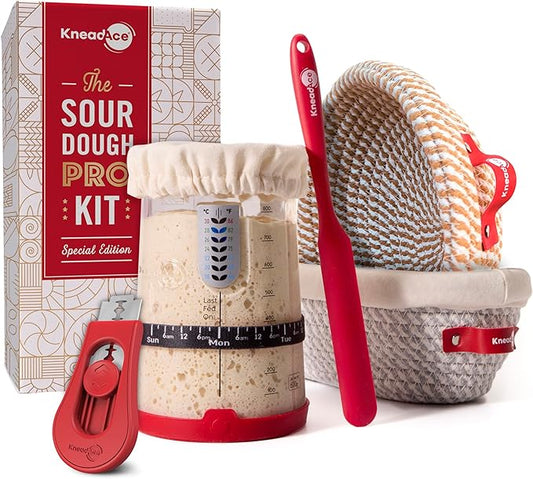 Sourdough Starter Kit ??34oz Starter Jar, 2 Cotton Rope Banneton Proofing Baskets, Magnetic Bread Lame for Scoring ??Gift for Bakers & Complete Sourdough Bread Baking Set