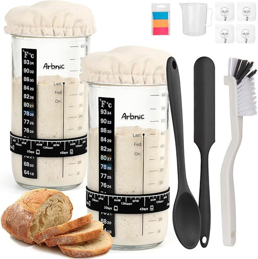 Sourdough Starter Kit with 2 Starter Jars, Sourdough Bread Baking Supplies Included Thermometer Band, Level Tracker (with 2 Jars)