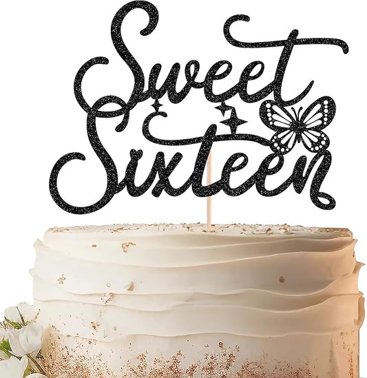 Sweet Sixteen Cake Topper - Black Glitter Butterfly Theme Sweet 16 Birthday Cake Decorating Supplies for Girls, Sweet 16 Cake Topper for Happy 16th Birthday Party Supplies Photo Booth Props