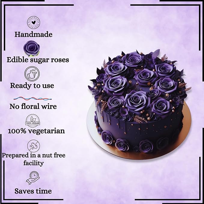 Confect Edible Flower | Edible Flower for cake decorations | Edible Flower Toppers | | Cupcakes & Doughnut Edible Toppers | True Purple Sugar Flower- Vegan, Gluten-Free, Soy-Free, Dairy-Free, Palm Oil-Free -Pack of 12