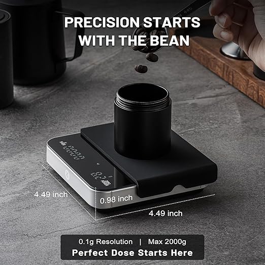 KitchenTour Caf챕Metric Coffee Scale with Timer 0.1g/2000g - Precision Scale for Espresso & Pour Over - Water Flow Speed Mode and Coffee Powder-to-Liquid Ratio Mode - Only Battery, LCD Display-Silver