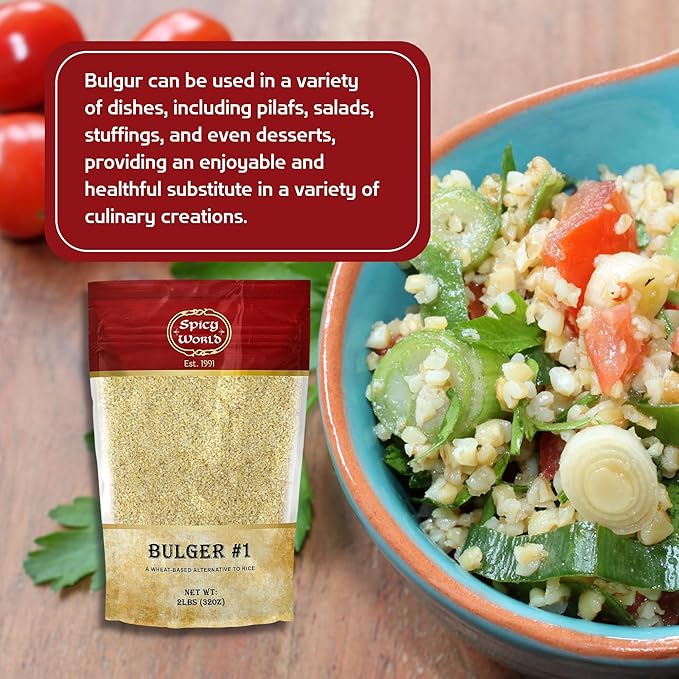 Bulgur Cracked Wheat Fine #1, 2 LB Bag (32oz) | USA Grown Bulgar Wheat for Tabouleh | 100% Natural & Pure | Great for Vegan Recipes by Spicy World