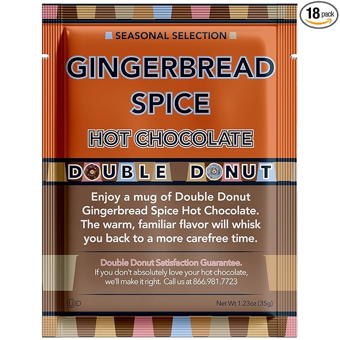 Double Donut Gingerbread Spice Hot Chocolate Mix Packets, Flavored Gingerbread Hot Cocoa Mix, 18 Count