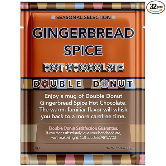 Double Donut Gingerbread Spice Hot Chocolate Mix Packets, Flavored Gingerbread Hot Cocoa Mix, 32 Count