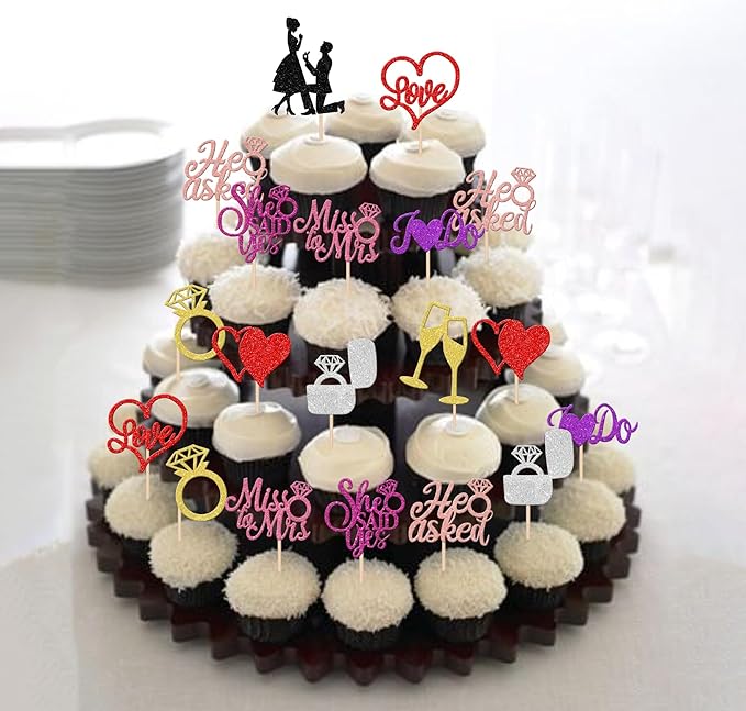 30 PCS Bride to Be Cupcake Toppers Glitter Miss to Mrs I Do Love Heart Ring Cupcake Picks Wedding Bridal Shower Cake Decorations for Wedding Engagement Bachelorette Party Supplies Multi