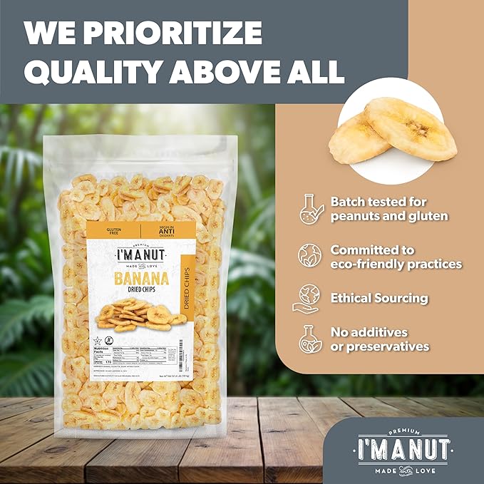 Premium Dried Banana Chips 64oz | Non-GMO, Batch Tested Gluten & Peanut Free | Ethically Sourced for Guilt-Free Snacking | Fresh, Crispy & Sweetened for Delicious Flavor