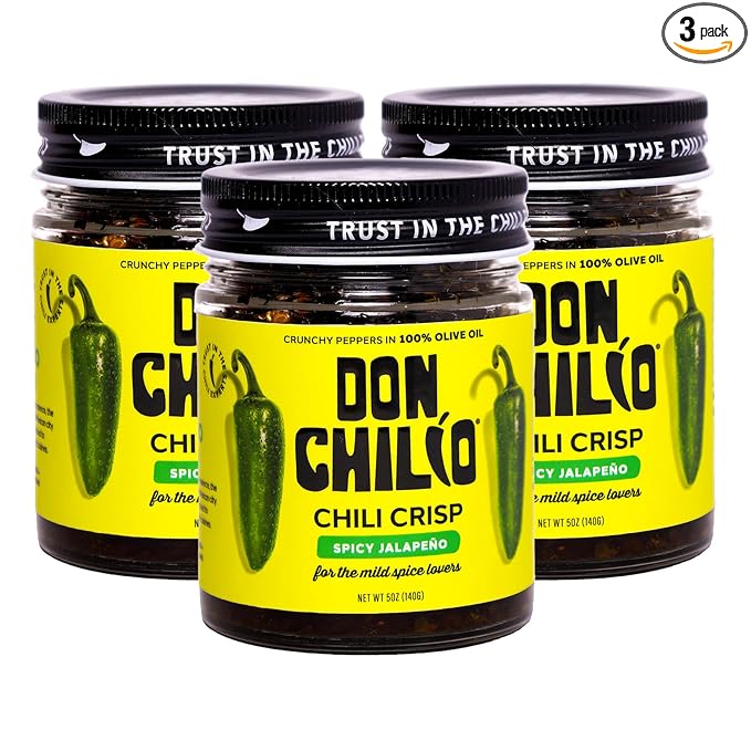 Don Chilio Mild Jalapeno Mexican Chile Crisp, 5 oz., 3 Pack – Crunchy Sliced Jalapenos Fried Chili Peppers in Hot Seasoned 100% Olive Oil – Keto-Friendly, Vegan, Gluten Free