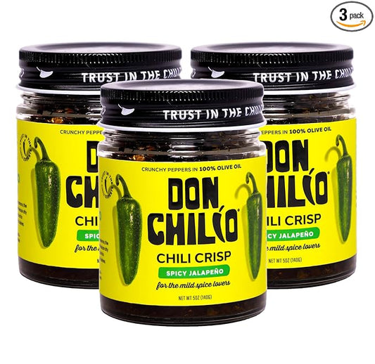 Don Chilio Mild Jalapeno Mexican Chile Crisp, 5 oz., 3 Pack – Crunchy Sliced Jalapenos Fried Chili Peppers in Hot Seasoned 100% Olive Oil – Keto-Friendly, Vegan, Gluten Free