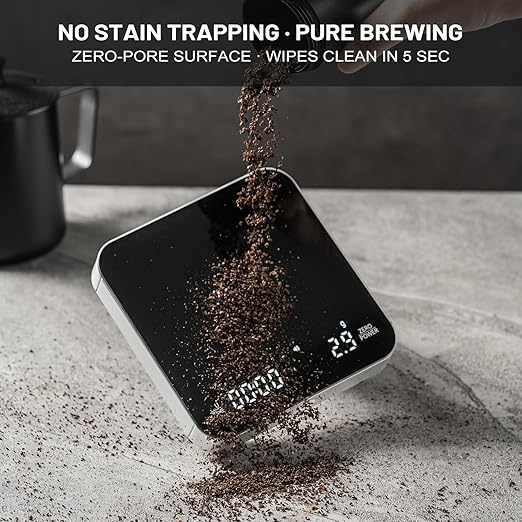KitchenTour Caf챕Metric Coffee Scale with Timer 0.1g/2000g - Precision Scale for Espresso & Pour Over - Water Flow Speed Mode and Coffee Powder-to-Liquid Ratio Mode - Only Battery, LCD Display-Silver