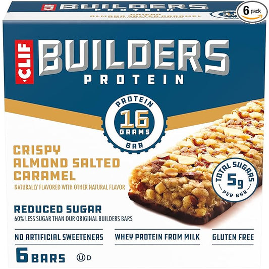 CLIF BUILDERS Protein Bars - Crispy Almond Salted Caramel - Reduced Sugar - Gluten Free - 16g Protein - No Artificial Sweeteners - 1.97 oz. (6 Pack)