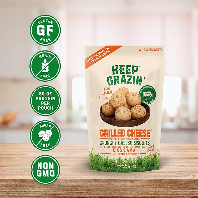 Keep Grazin Grain Free Crunchy Cheese Biscuits - Grilled Cheese Flavoured | 2.12 Ounce (Pack of 3) | Gluten & Sugar-Free, Non-GMO Protein Snacks - Baked with 100% Grass-Fed Cheese & Cassava Flour