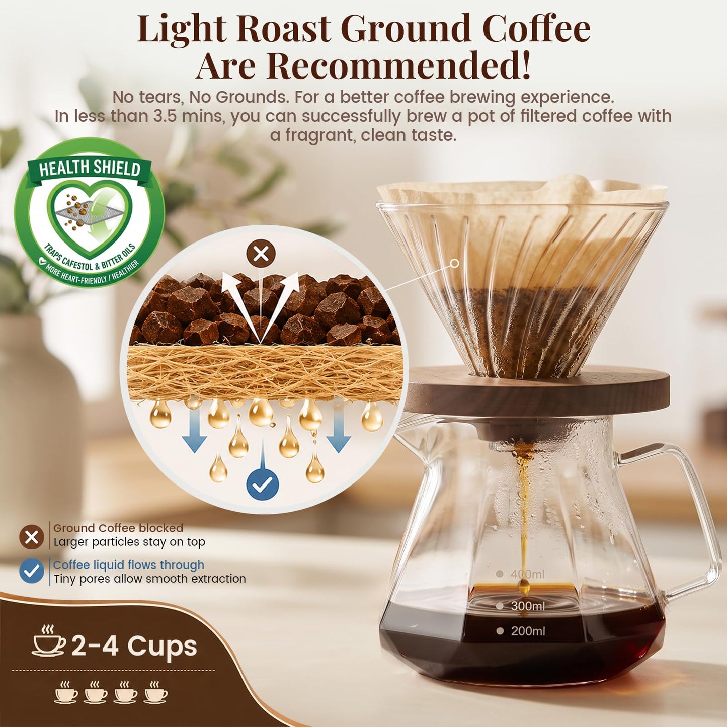 Clinuse Cone Coffee Filters #2, 200 Count Unbleached Size 02 Coffee Filter, Disposable Natural