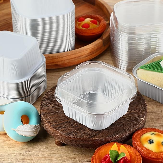 Aoriher 150 Pieces 10 oz Mini Cake Pans with Lids Aluminum Foil Baking Cups Square Disposable 4" x 4" Large Cupcake Cups Baking Tins for Kitchen Brownie Pudding Desserts Holders(White)