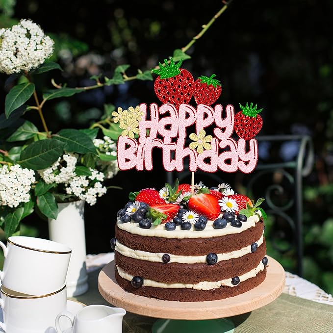 1 Pack Happy Birthday Cake Topper Glitter Strawberry Cake Pick for Fruit Theme Baby Shower Kids Birthday Party Strawberry Fruit Party Cake Decorations Supplies