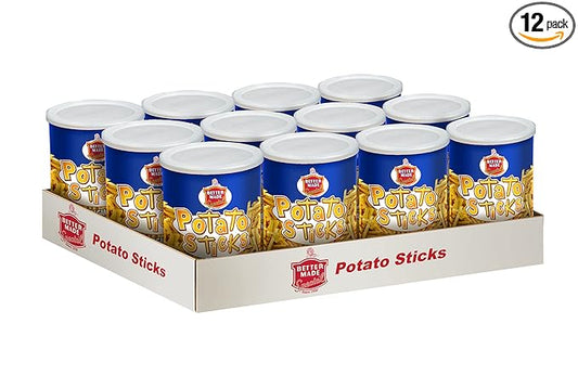 Better Made Potato Sticks 5oz Canister - (Original, 12 Can Tray) - Shoestring Potato Sticks - Gluten Free - Crunchy, Crispy Snack from Fresh Potatoes - Resealable Lid