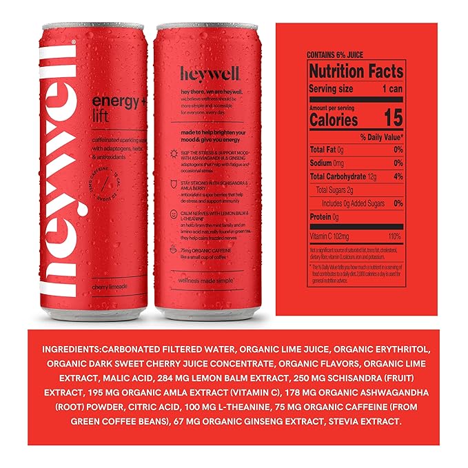 Heywell Sparkling Adaptogenic Water Energy and LIft, Cherry Limeade Flavor 12 Fluid Ounce (Pack of 12) - Caffeinated, Organic, Non GMO, Vegan, Gluten Free, Dairy Free