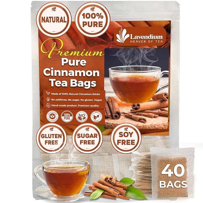 Lavendium, 40 Pure Cinnamon Tea Bags, Made of 100% Natural Cinnamon Sticks, Herbal Tea, No Additives, No Caffeine, No Gluten, Vegan.