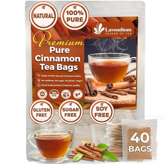 Lavendium, 40 Pure Cinnamon Tea Bags, Made of 100% Natural Cinnamon Sticks, Herbal Tea, No Additives, No Caffeine, No Gluten, Vegan.