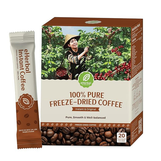 eHerbal Vegan Calming Instant Coffee Powder, plant base freezed dried Cold Brew 20 Packs | Smooth & Bold Vietnamese Robusta Coffee | Non-GMO, Vegan, Keto-Friendly, Low Acid (2.5g/stick)