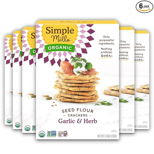 Simple Mills Organic Seed Crackers, Garlic & Herb - Gluten Free, Vegan, Healthy Snacks, Paleo Friendly, 4.25 Ounce (Pack of 6)