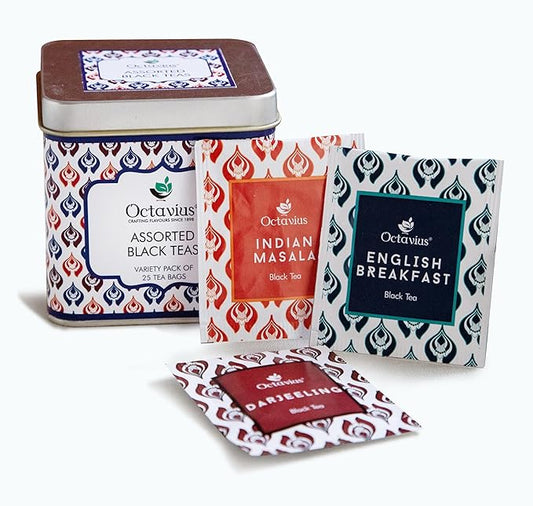 Octavius Assorted Black Tea Sampler Pack | Darjeeling/Classic Assam/Indian Masala/English Breakfast | 3 Flavors in 25 Tea Bags | Pack of 1