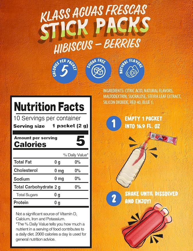 Klass Aguas Frescas | Drink Mix Hibiscus Berries | Sugar Free! (Pack of 4, 40 Count Powder Stick Packs)