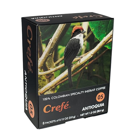 Crefé 100% Colombian Specialty Instant Coffee. 8 packets make 8 cups (8 FL OZ each). Region of Origin: Antioquia. Light Medium Roast. Mild, Not Strong