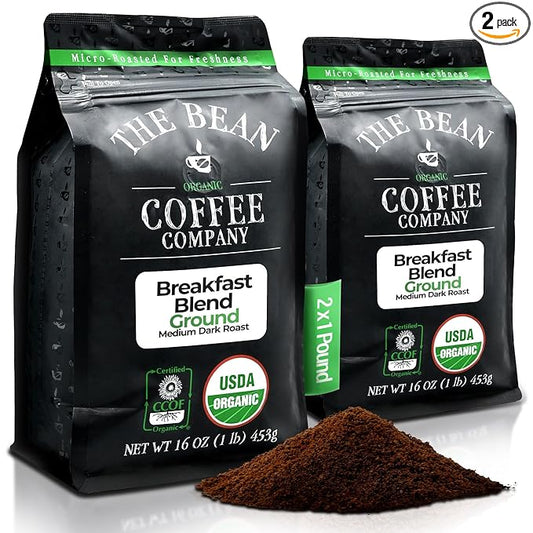 The Bean Organic Coffee Company Breakfast Blend, Medium Dark Roast, Ground Coffee, 16-Ounce Bags