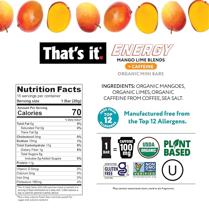 That?™s it. Mango Lime Energy Mini Bars | 100mg Natural Caffeine |Mango Lime| Allergy-Friendly, Nut Free, Organic, Non-GMO, Gluten-Free Snacks | 15 Count