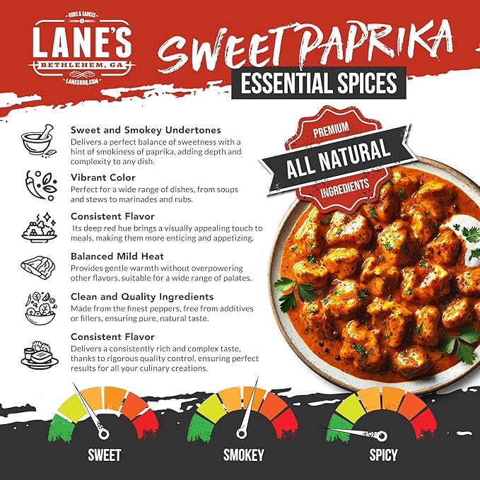 Lane's Sweet Paprika Powder, All-Natural Smoked Paprika Sweet, Great for Chicken, Meat, and Vegetables. Paprika Seasoning Rub, Made in USA, 9 Oz