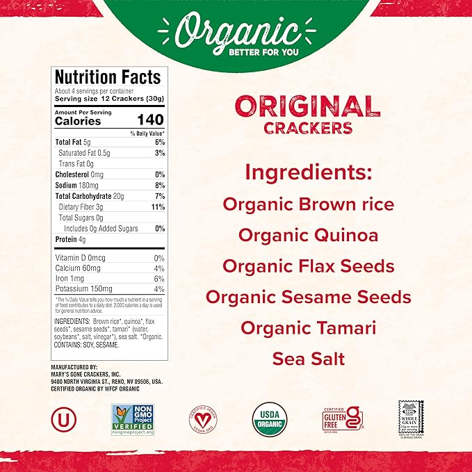 Mary's Gone Crackers Organic Original Crackers - Gluten-Free, NON-GMO, Vegan & Whole Grain, 4 Ounce (Pack of 6)