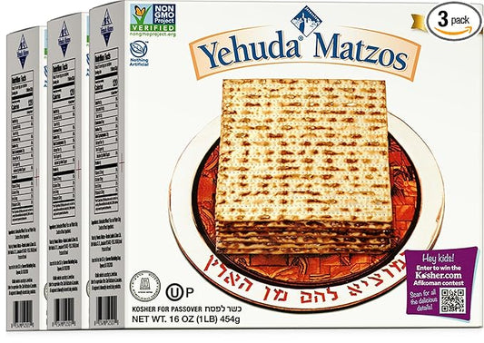 Yehuda Passover Matzo, 1lb (3 Pack) | Crisp & Airy Square Matzo Crackers | Just 2 Ingredients | Kosher for Passover