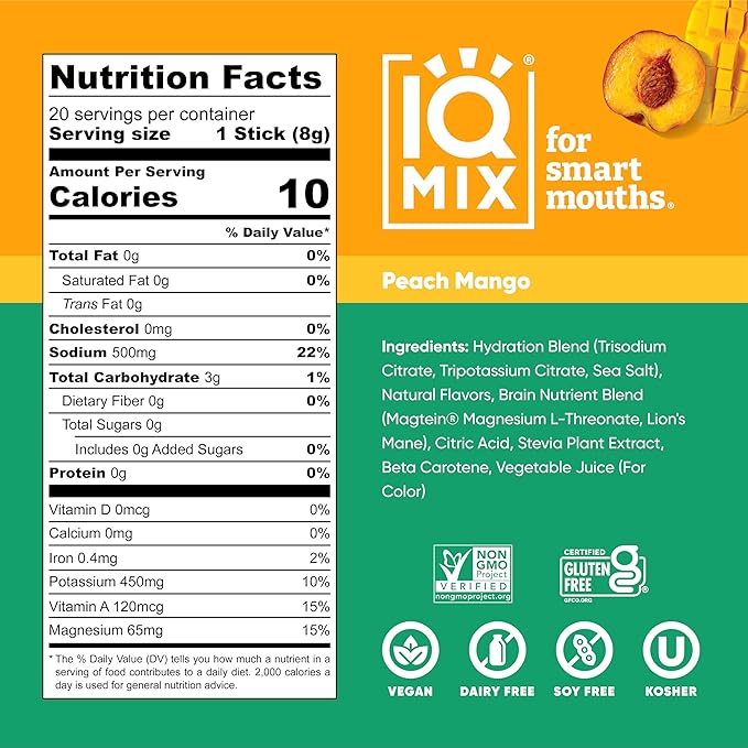IQMIX Hydration Electrolyte Powder ??4-in-1 Formula for Hydration, Mental Clarity, Mood and Recovery ??Sugar-Free Drink Mix, Keto, Magnesium L-Threonate, Lion?™s Mane ??20 Count Peach Mango