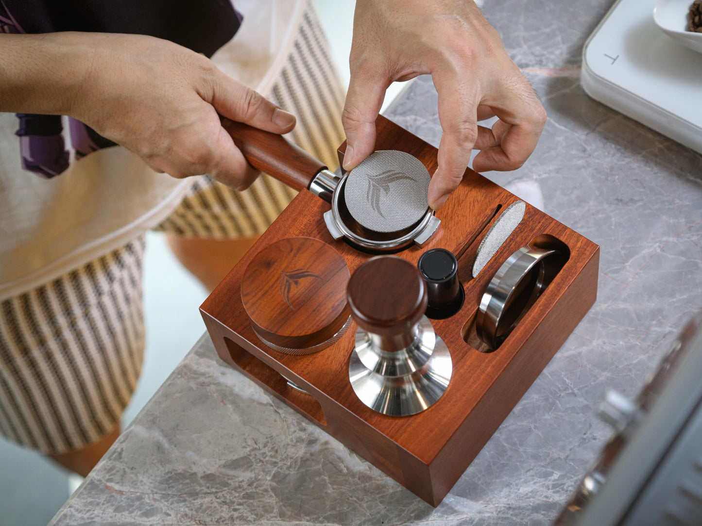 KNODOS Espresso Accessories Organizer Box 58mm Tamping Station Rosewood Espresso Tools Stand for