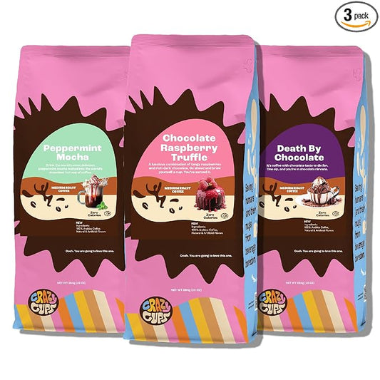 Crazy Cups Chocolate Lovers Ground Coffee Variety Pack, 3 Flavors: Death By Chocolate, Peppermint Mocha, Raspberry - 10 oz Bags, Pack of 3