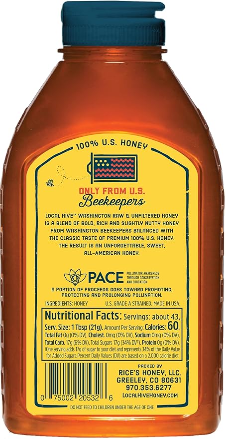 Local Hive Washington Raw Unfiltered Honey – 32 oz, 100% Pure US Honey, Sourced from American Bees and Beekeepers - Natural Sweetener, Ideal for Tea, Baking, and Cooking
