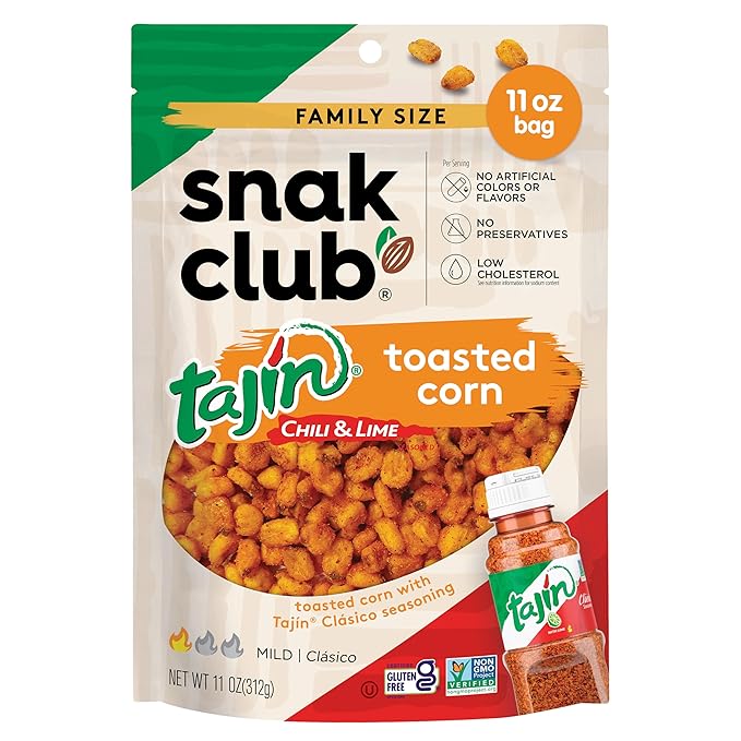 Snak Club Tajin Toasted Corn, Roasted Corn Nuggets with Chili and Lime Seasoning, Mild, Non-GMO, Gluten-Free, Kosher Snack, No Artificial Colors or Flavors, Low Cholesterol, 11 oz Resealable Bag
