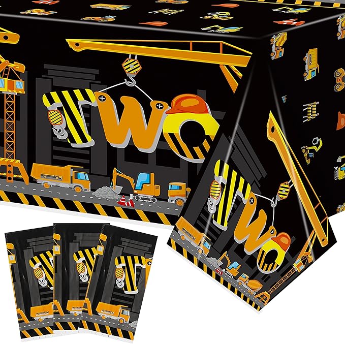 Two Construction Party Tablecloths - 3Pcs Dump Truck Birthday Party Table Covers Decorations, Construction Themed Rectangular Plastic Disposable Table Cloth for Kids Birthday Baby Shower Supplies