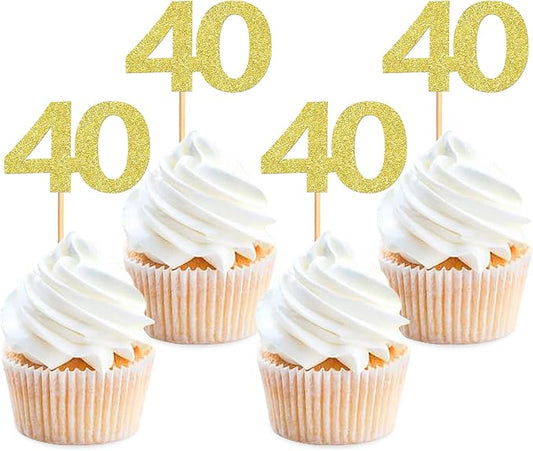 24PCS Gold Glitter 40th Birthday Cupcake Toppers Number 40 Birthday Celebrating Cake Decorations Supplies for Anniversary Party