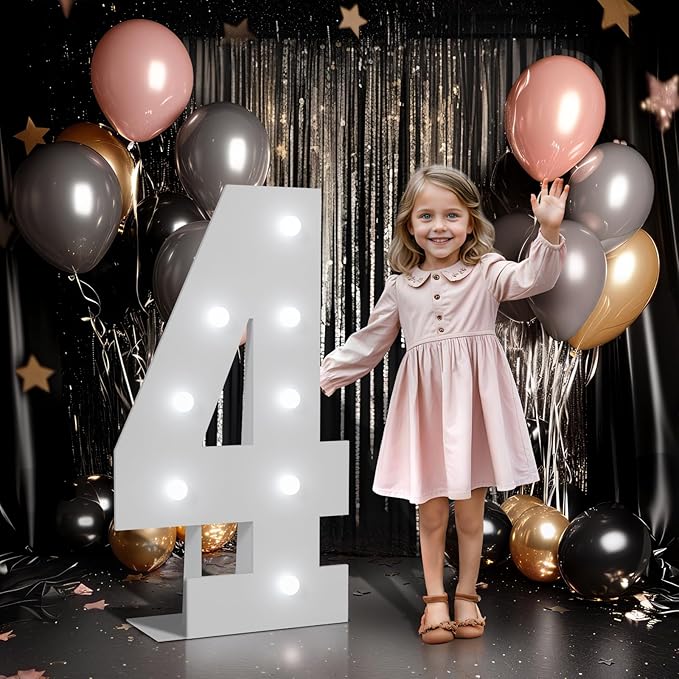 imprsv Marquee Numbers Large 4th-Birthday Decorations: 3ft Light up Number Balloon for Party Big 4 Year Old Girl Boy Fourth Birthday Decoration Anniversary Foam Board Wall Number 4