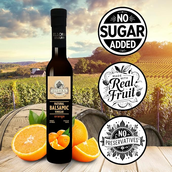 Ellora Farms, Greek Balsamic Vinegar, Orange Infused, Barrel Aged, No-added sugars, No-preservatives, Glass bottle, 8.5 oz (Orange)