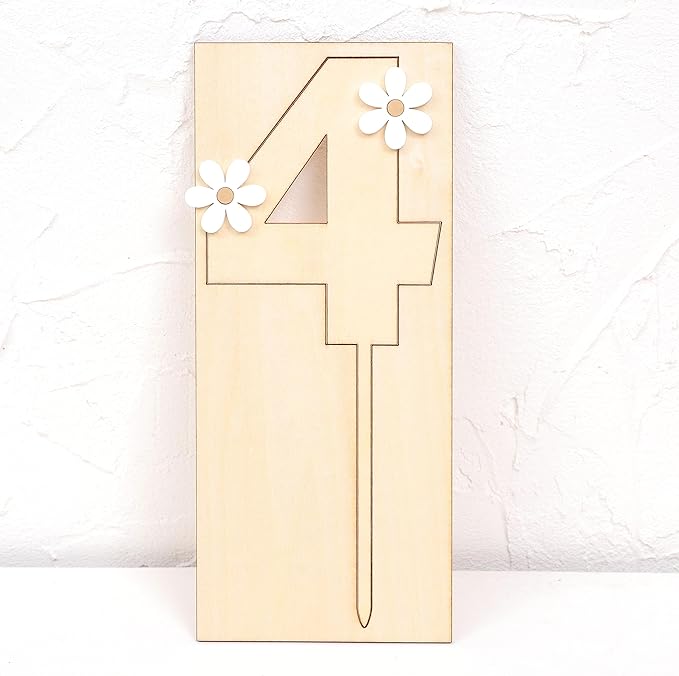 Wooden Daisy Cake Topper - 4th Birthday & Anniversary Decor, Retro Groovy & Boho Styles, Wooden Cake Decorating Supplies
