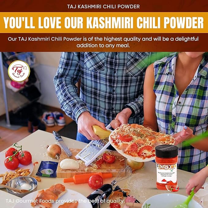 TAJ Premium Indian Kashmiri Chilly Powder, (Deggi Mirch, Lal Mirch), Mild Hot (3-Ounce)