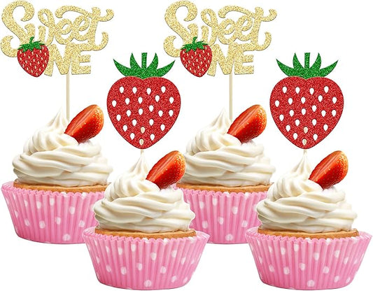 24Pcs Strawberry Sweet One Cupcake Toppers Glitter First Birthday Strawberry Cupcake Picks for Fruit Theme Baby Shower Kids 1st Birthday Anniversary Party Cake Decorations Supplies