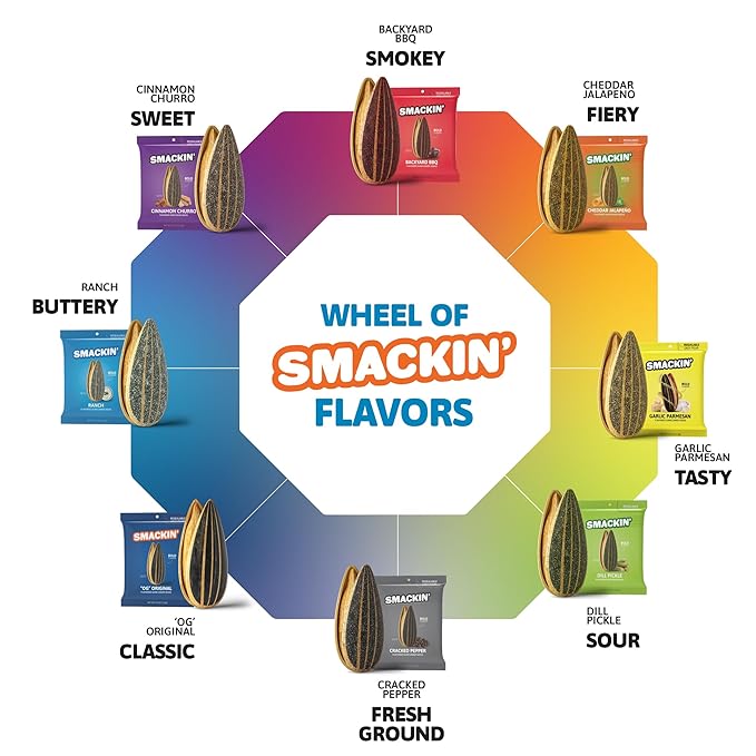 SMACKIN' Sunflower Seeds, No Salty Burn, Roasted Jumbo Small-Batch, American Made - 10 Flavor Variety. 1.5oz bags (10 Bags)
