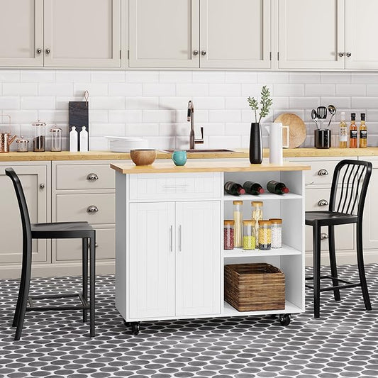 Shintenchi Kitchen Island Cart with Storage,Rolling Kitchen Island Side Table on Wheels with Large Worktop,Storage Cabinet,Towel Rack and Drawers for Kitchen,Dinning Room,Black